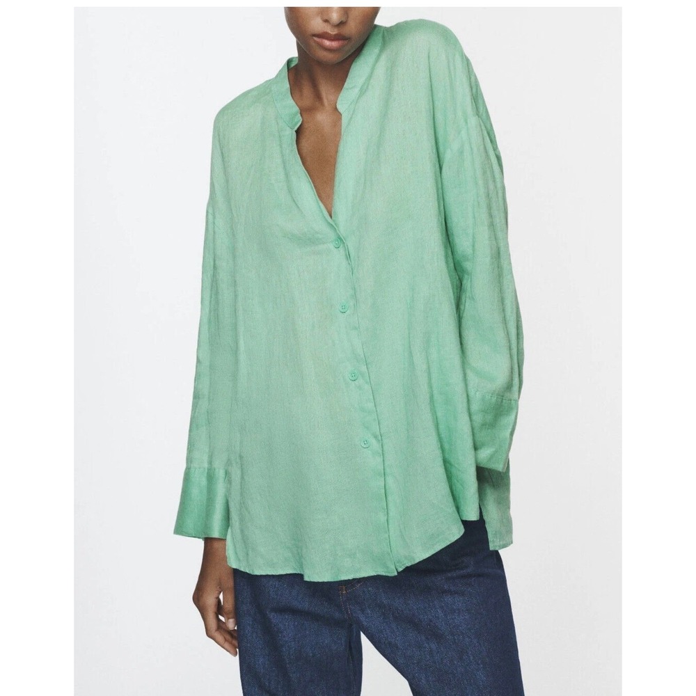 ZARA Women's Green Linen Blend V-Neck Button Up Oversized Shirt Blouse Size M